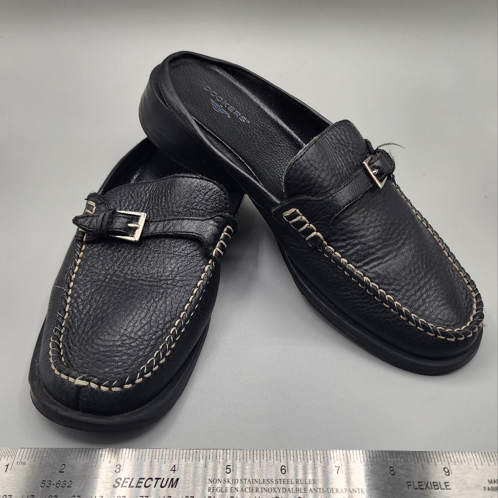 Dockers Black Buckle Stitch Mules. Slip‎ on Loafer. Black. Size 9.
